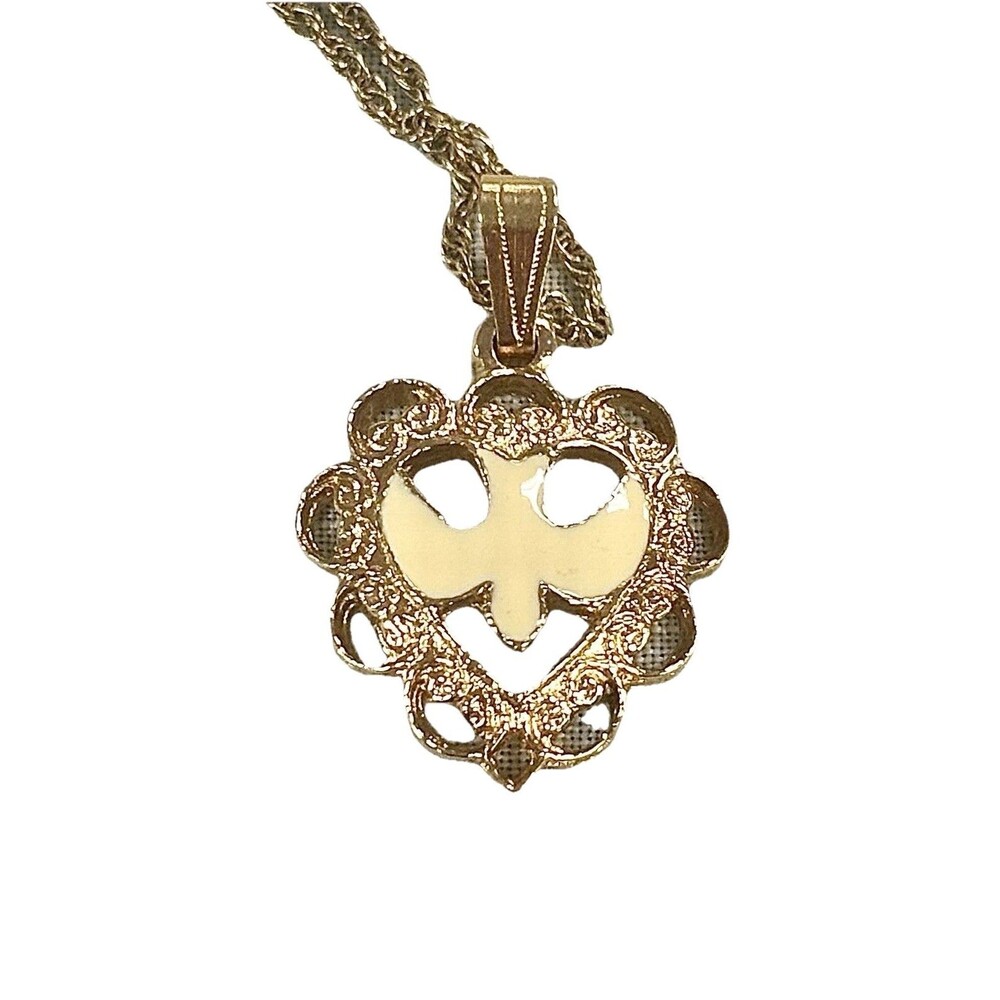 Vintage JJ Jonette Heart Dove Pendant Necklace Gold Filigree Enamel Signed Rare